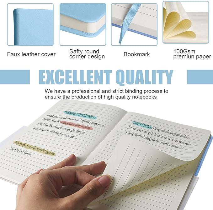 Lined Journal Notebook, 10Pack(Sky Blue), 160 Pages, Medium 5.7 inches x 8 inches - 100 gsm Thick Paper, Hardcover