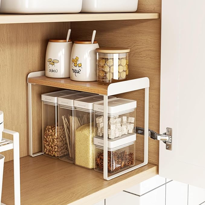 Mitus Shelf Organizer and Storage, Tiered Wood Cabinet Rack for The Kitchen Counter, Bathroom Counter, Pantry Cupboard, Office Desk Bookshelf, 16" Wide Natural and White