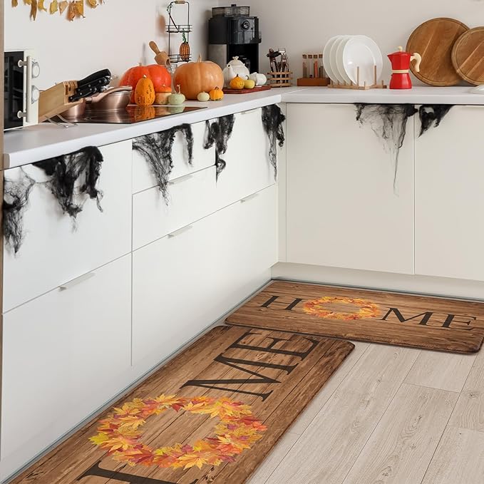 KIMODE Fall Kitchen Mat Anti Fatigue, Farmhouse Maple Leaves Kitchen Rugs Sets of 2, Autumn Cushioned Kitchen Floor Mats, Comfort Kitchen Rugs Non Slip for Floor Sink, Laundry, Desk 17"x47"+17"x29"