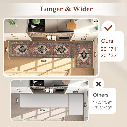 KIMODE Anti Fatigue Kitchen Mats for Floor 2 Piece, Farmhouse Kitchen Rugs, Non Slip Waterproof Kitchen Floor Mats, Memory Foam Standing Mats for Sink Laundry Office Desk Red 20"x71"+20"x32"