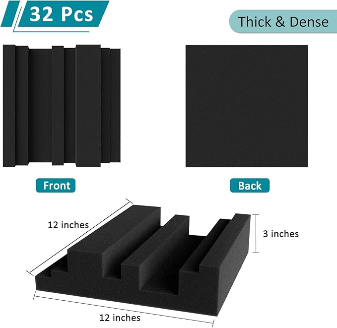 TroyStudio Thickened 12 X 12 X 3 Inch Acoustic Foam Panels in Diffusion Pattern, 32 Pcs High Density Sound Absorbing Foam Diffuser, Soundproof 3D Wall Padding Tiles for Recording Studio Home Office