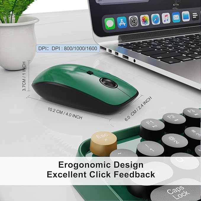 Wireless Keyboards Mouse Combos, Colorful Cute Typewriter Full-Size Retro Creamy Keyboard, 2.4GHz Sleep Mode Office Quiet Wireless Keyboard and Mouse Set for Desktop Laptop PC Computer Dark Green