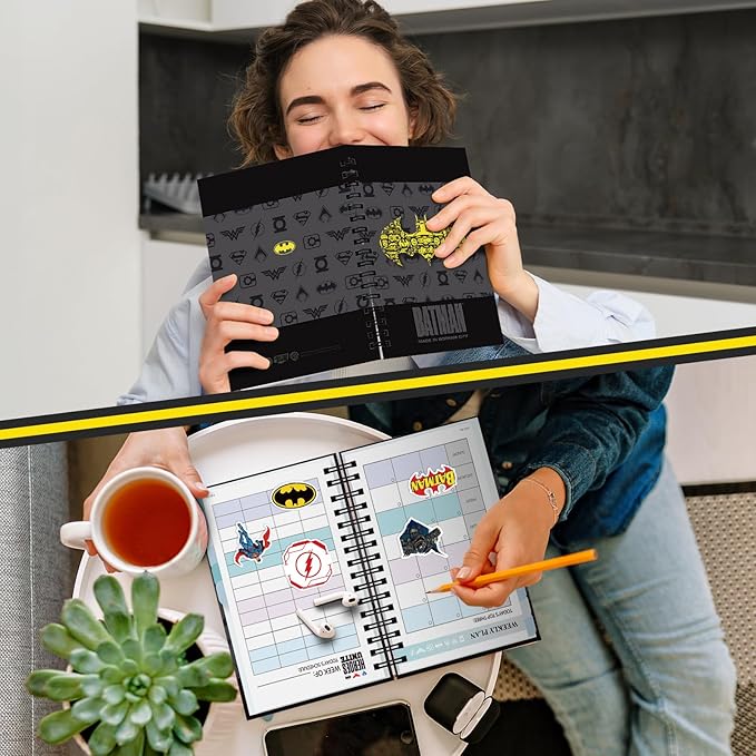 Hardcover Spiral Notebook Journal with 12 Dividers Tabs Weekly&Monthly Planner Productivity Journal Superhero Theme Leather Organizer for Work School Adults Teens and Professionals(BATM- Logo)