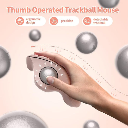 seenda Wireless Trackball Mouse, Bluetooth Ergonomic Rollerball Mouse, Rechargeable Multi Devices USB/Bluetooth Connection Thumb Control Compatible for Mac/Android/Windows Computers, Rose Pink