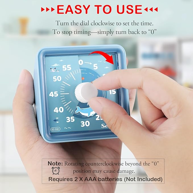 Secura 60-Minute Visual Countdown Timer for Kids & Classroom, Pomodoro Time Management Tool (Blue & Blue)