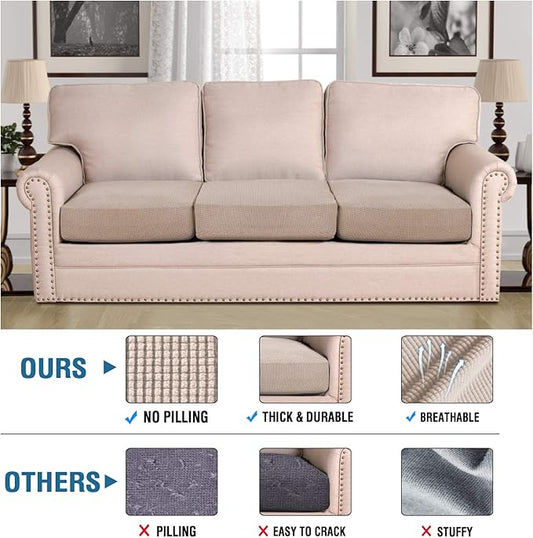 H.VERSAILTEX High Stretch Individual Seat Cushion Covers 3 Pack Thick Jacquard Textured Twill Fabric Sofa Slipcovers for 3 Couch Cushion Washable Couch Cover for Living Room Outdoor Patio,Sand