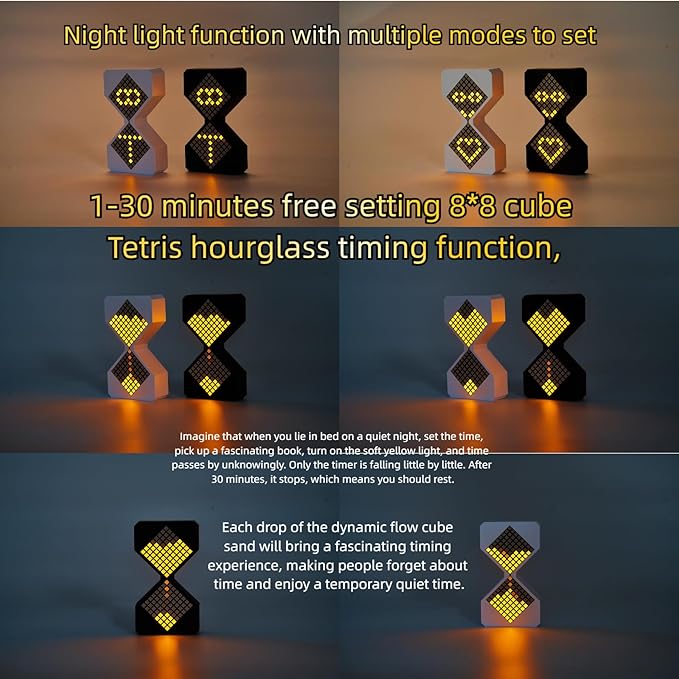 Digital Hourglass 1-30 Minute Freely Adjustable Gravity Timer Dynamic Flow Cube Led Night Light Hourglass Timer for Classroom Home Office Cooking (White, Green Light Source)