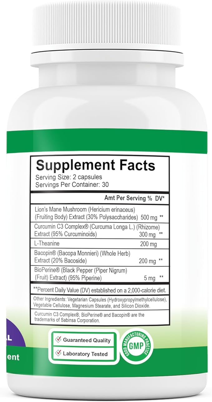 Axis Natural Brain Supplement with Curcumin C3 Complex, Bacopin, and Lion's Mane Extract - Brain & Gut Health Support, Focus, Energy, Stress Relief - 60 Capsules, All-Natural, Med Free Living (1)