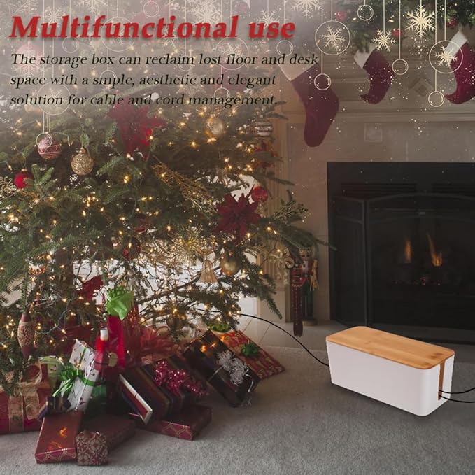 Cable Management Organizer Box, 2 Pack Large Storage Bamboo Lid Wires Concealer Holder for Office Desk, Home, Kitchen, TV, Computer, Cover Hide Tidy Surge Protector Power Strips & Cords (White)