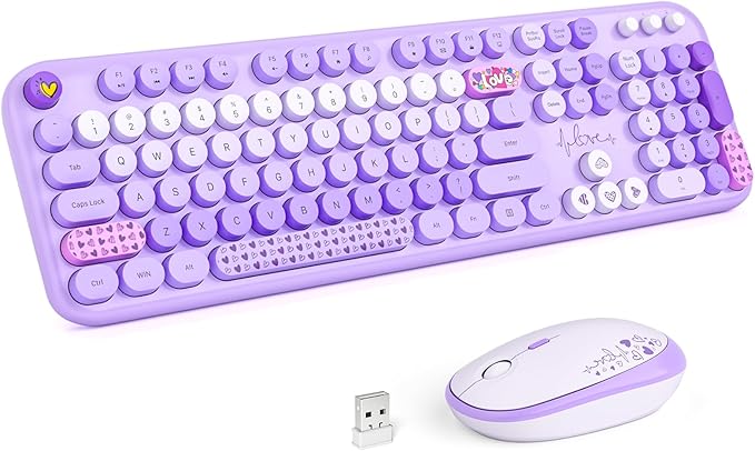 Wireless Keyboard and Mouse Combo, MOWUX Full Size Typewriter Retro Round Computer Keyboard, Cute Optical Mouse Wireless, Plug and Play, for Laptop, PC, Computer- Purple Heart