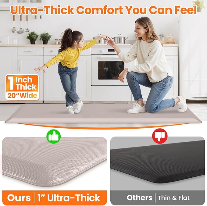 Kitchen Mats for Floor, 1 Inch Extra-Thick Kitchen Rugs, Non-Slip & Waterproof Standing Desk Mat, Comfort Anti Fatigue Mats for Kitchen Floor, Home, Sink, Office (20" X 72", Khaki)