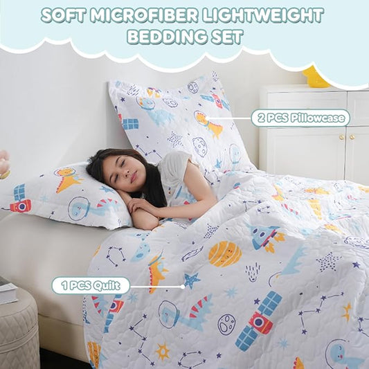 Cute Dinosaur Space Rocket Quilt Set for Boys Full Size Kids Bedding Sets Lightweight Summer Bedspread Soft Microfiber Breathable Bed Comforter All-Season