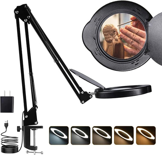 15X Magnifying Glass Desk Lamp with Clamp, Real Glass Lens with Dust Cover, 84 LEDs, 5 Color Modes, 10 Brightness Dimmable, Long Flexible Swing Arm Magnifier for Reading, Crafting, Repair, Close Works