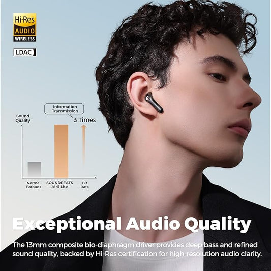 SoundPEATS Air5 Lite Wireless Earbuds with Hi Res Audio, Bluetooth 5.4 Semi in Ear Earphones, 13mm Drivers, LDAC Codec, ENC Noise Cancelling Headphones for Calls, Stereo Sound, 30 Hrs Fast Charge