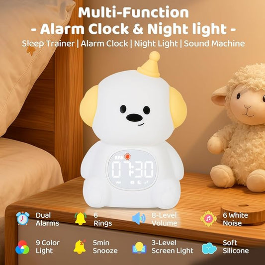 Dog Alarm Clock with Night Light for Kids with Sleep Training and Sound Machine, Rechargeable Silicone Lamp OK to Wake Clock,Cute Animal Tabletop Lamp, Perfect Sleep Companion for Boys Girls