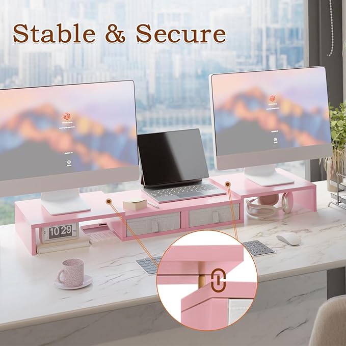 TEAMIX Pink Dual Monitor Stand Riser - Length and Angle Adjustable Monitor Stand with 2 Drawers to Storage Large Computer Riser for 2 Monitors/Laptop/PC, Wood Screen/TV Stand Desk Organizer (Pink)
