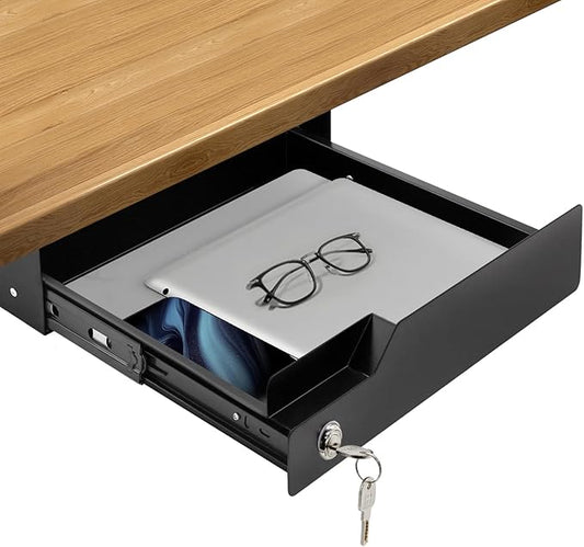 Under Desk Drawer with Lock, 16" W x 11.8" D x 6.3" H Slide Out Mounted Pull-Out Add On Drawer Lockable Storage Black