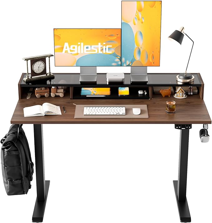 Agilestic Glass Standing Desk with Storage, 48 Inch Electric Adjustable Desk with Glass Shelf and Cable Management, Sit Stand Up Home Office Computer Table, Splice Board, Dark Walnut
