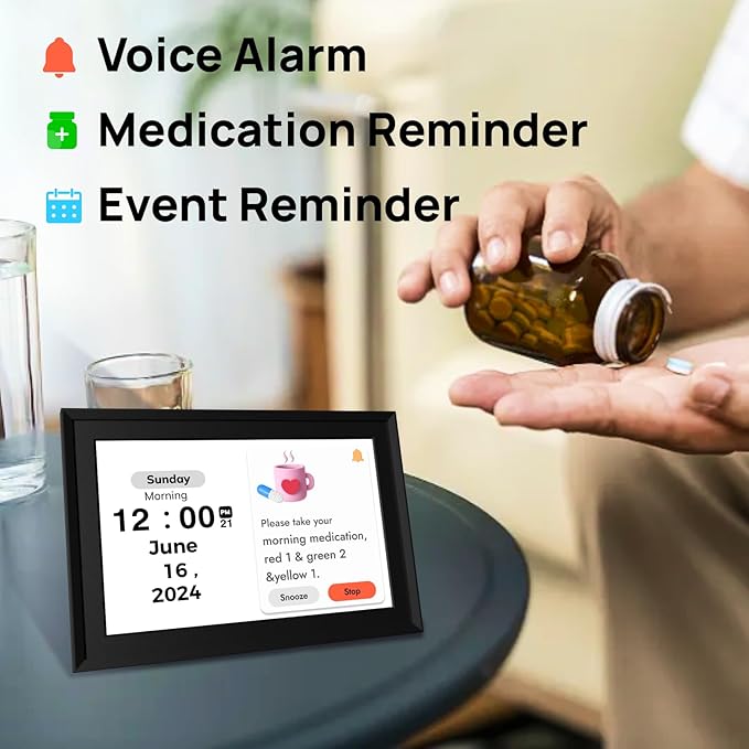 Touchscreen Digital Calendar Day Clock for Seniors 10.1 Inch, Voice Alarm | Medication Reminder | WiFi Accurate Time, Customizable Gift for Elderly or Dementia Alzheimers - Black