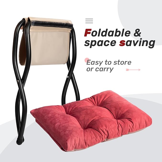 AbocoFur 15"(H) Folding Footrest Stool, Accent Padded Sofa Foot Stool for Lazy Chair, Upholstered Small Foldable Ottoman, Metal Frame Portable Foot Rest Ottoman for Living Room, Bedroom, Brick Red