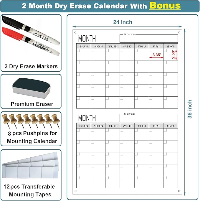 2 Month Dry Erase Calendar For Wall,24"x36" Large 60 Day Erasable & Reusable Wall Planner,Giant Laminated Scheduling Poster,Big Undated Month Planning Whiteboards For Home,Medium Office,School