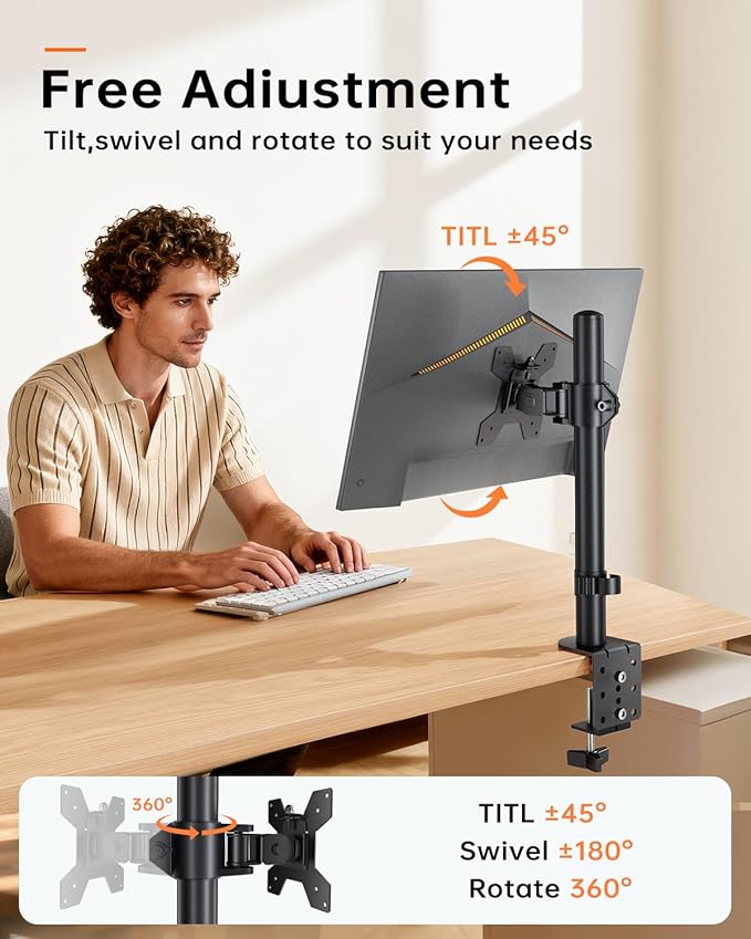 Single Monitor Stand for 13-27'' Wide Monitor Desk Arm up to 17.6lbs Adjustable Stacked Double Mount with C-Clamp 75x75/100x100 VESA