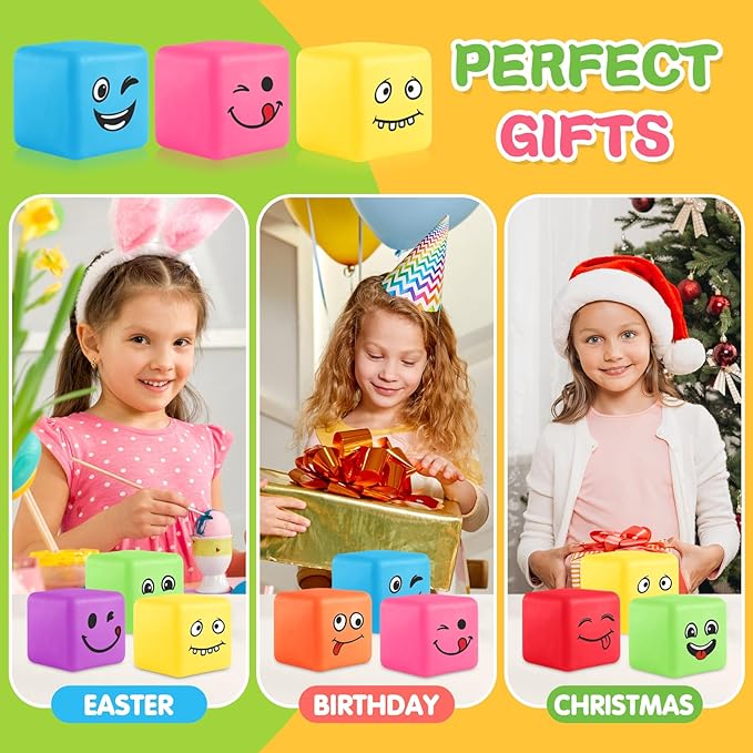 Slow Rising Stress Cube 24 Pack, Square Cube Fidget Ice Cube Stress Balls, Dough Stress Balls Soft Fidget Squishy Toys for Anxiety Relief, Pull Stretch Squishy Toy, Classroom Prize (Smile 24PACK)