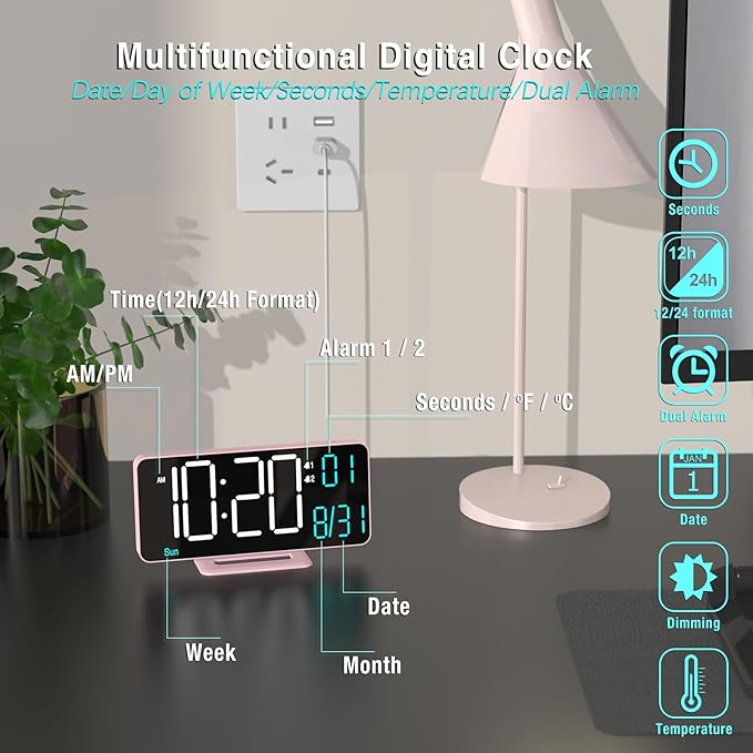 KOSUMOSU Clock for Bedroom, 6.7in Digital Alarm Clock, Auto Dimming, Room Temperature, Day of The Week, Seconds, Date, Alarm Clocks for Bedrooms, Digital Clocks for Living Room
