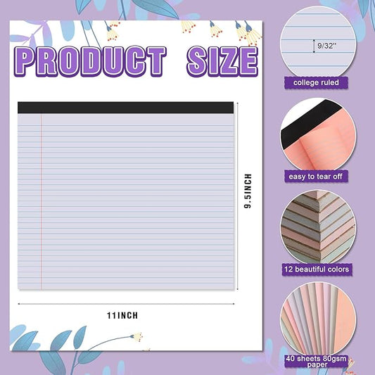 Lincia 12 Pcs 11" x 9.5" Legal Pads College Ruled Notepad Landscape Notebook Horizontal Lined Notebook 80 Gsm Assorted Colors Paper Pastel Writing Pads for School Office, 40 Sheet (Cute Color)
