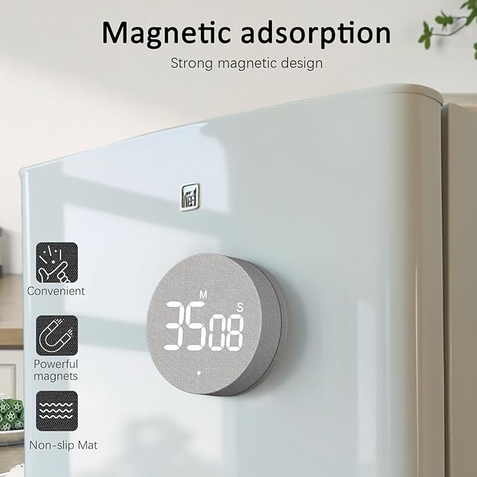 AVINIA Fabric Digital Kitchen Timer, Rechargeable with Large LED Display 0-99Mins, Magnetic Countdown Timers for Home Classroom Office Fitness Grey