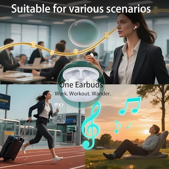 True Wireless Earbuds Bluetooth 5.3 Mic Noise Cancelling IPX7 Waterproof Hi-Fi Stereo Sound Long Battery Auto Pairing (Off-White)