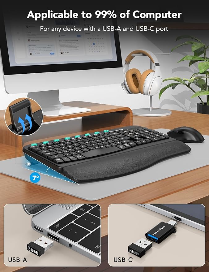 Wireless Keyboard and Mouse Combo – Ergonomic Wave Key, Built-in Leather Soft Palm Rest, 2.4G Full Size, 8 Hotkeys, 6-Button Mouse with 4-Level DPI, Dual USB-A/USB-C, Windows & macOS Compatible