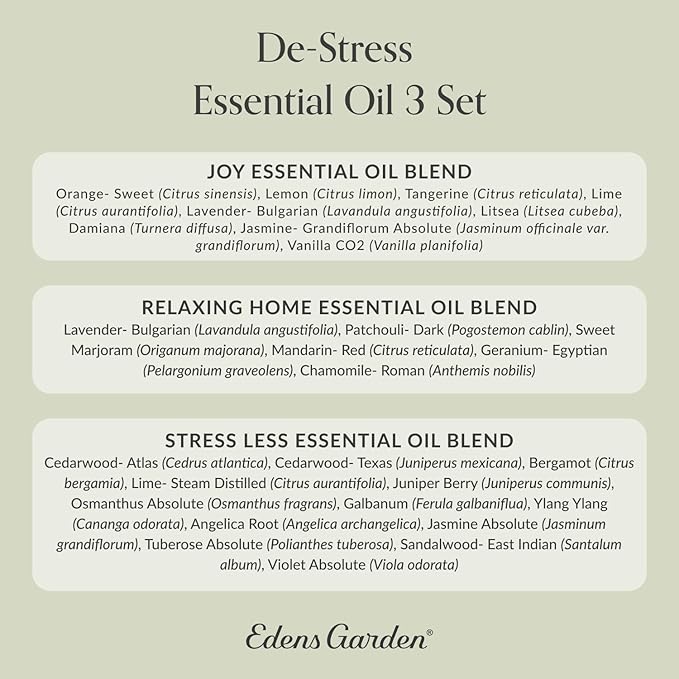 Edens Garden De-Stress Essential Oil 3 Set – 100% Pure Therapeutic Grade Aromatherapy Blends for Relaxation & Stress Relief Gift Set – No Fragrance Oil & Undiluted for Home Diffusers, 10 ml/ 3 Pack