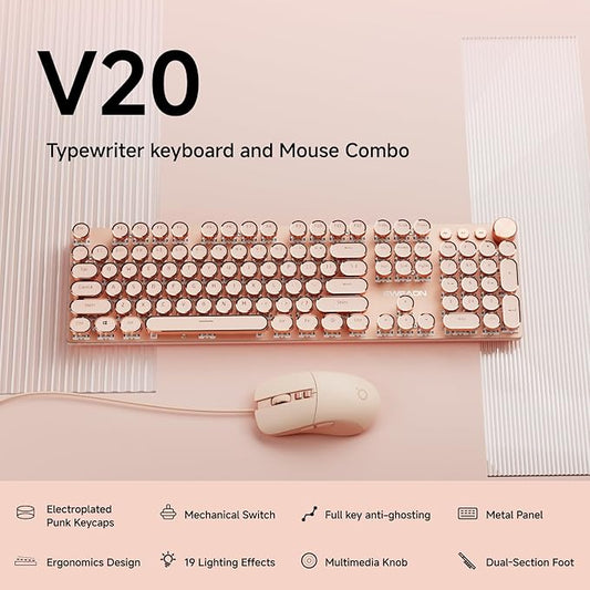 EWEADN Wired Typewriterkeyboard and Mouse Combo, Typewriter Style Mechanical Gaming Keyboard,104 Keys Backlit LED Keyboards, Media Control Knob, Wired Keyboard Pink Switch for Windows/Mac/PC-Pink