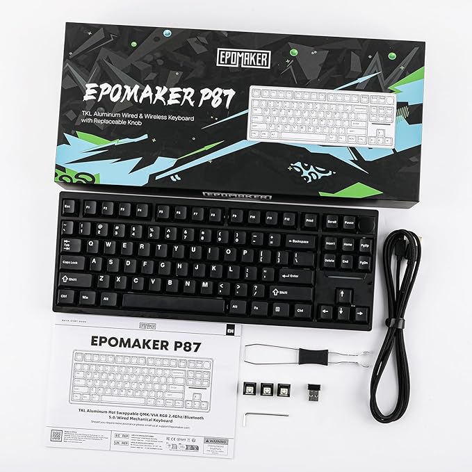 EPOMAKER P87 TKL Aluminum Wireless Gaming Keyboard, QMK/VIA Programmable, 87% Bluetooth/2.4Ghz/USB-C, with CNC Metal Knob and RGB Backlight (Black, Zebra Switch)