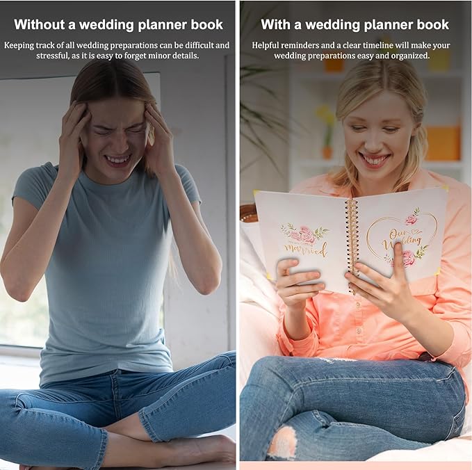 Wedding Planner For Bride-Bridal Wedding Planning binder With 5 Tabbed Sections+Wedding Countdown Calendar,Unique Engagement Gifts For Couples,Pink Love