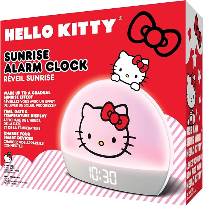 Hello Kitty Sunrise Alarm Clock - Multicolor Lights, USB Charging, LED Display, and Snooze Function