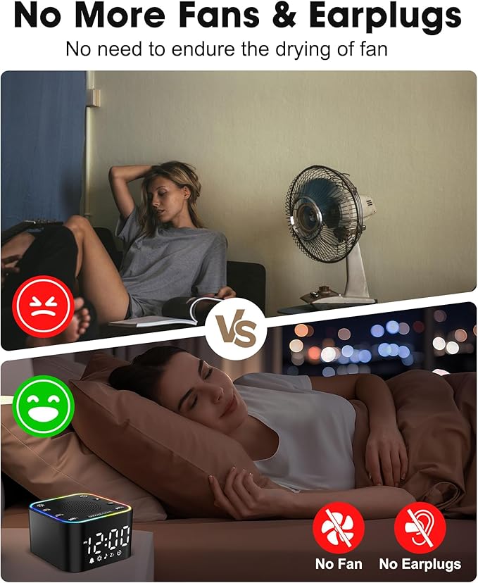 Alampan White Noise Sound Machine with Alarm Clock, 30 Soothing Sounds, Noise Machine for Sleeping, RGB Night Light, Digital Clock, Adults, for Bedside, Nightstand, Including Fan, Rain, Bird, Ocean
