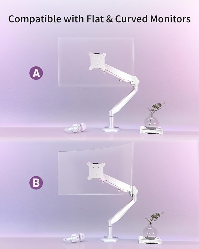 Single Monitor Arm for Screens up to 32 Inch and 19.8 lbs, Fully Adjustable Gas Spring Monitor Arm Desk Mount, 75/100 mm Vesa Mount, Aluminum, White