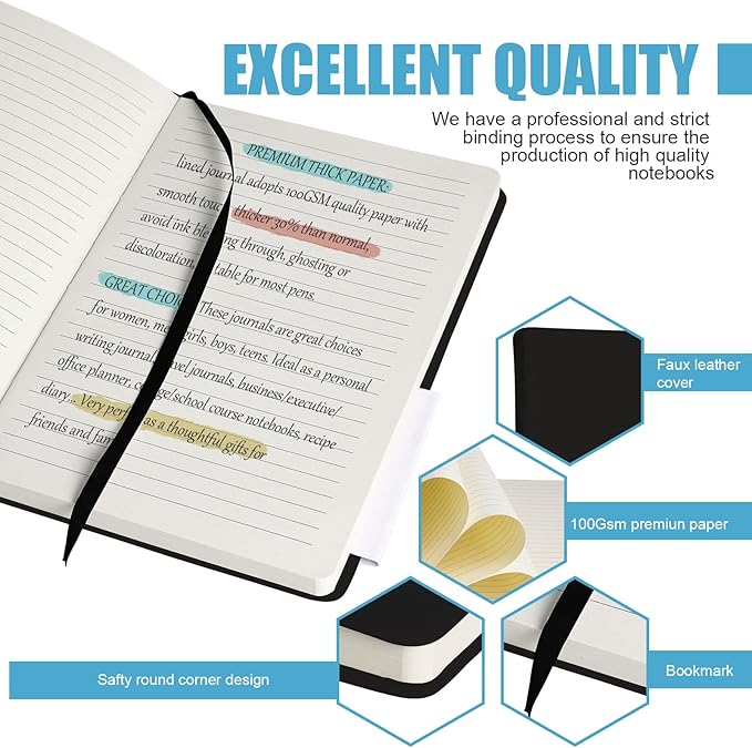 Lined Journal Notebook, 6Pack(Black), 160 Pages, Medium 5.7 inches x 8 inches - 100 gsm Thick Paper, Hardcover