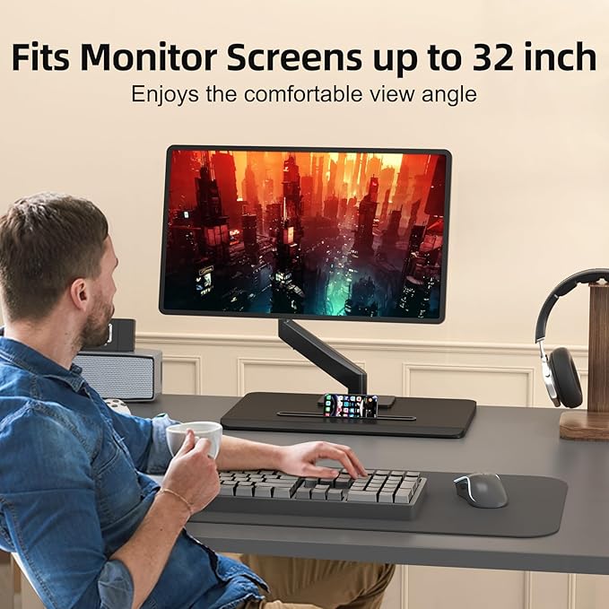 suptek Single Monitor Mount Gas Spring Arm Mount with Base,Free Standing Pneumatic Height Adjustable Monitor Desk Stand for 17 to 32 inch,Holds up to 22 lbs,Black(ML8)