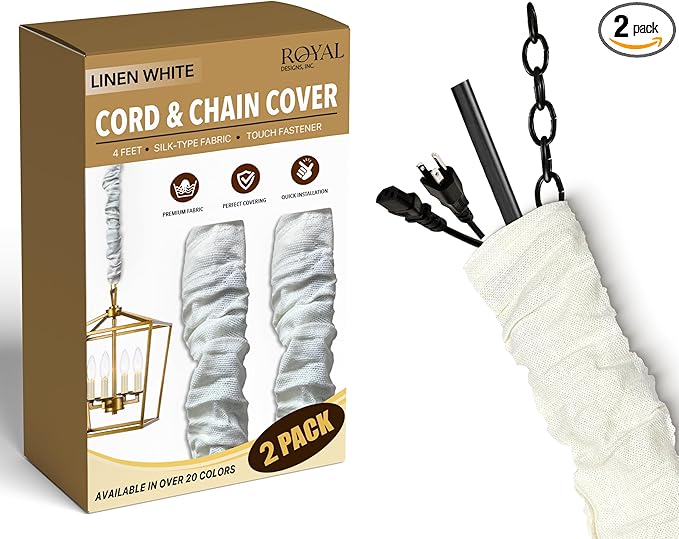 Royal Designs, Inc. Cord & Chain Cover 4 ft Silk Type Fabric, Chandelier Pendant Lighting Chain & Cable Management, Touch Fastener, Linen White - 2 Pack