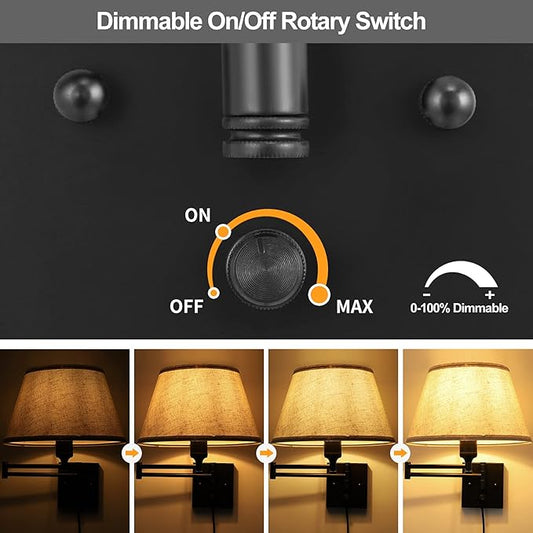 TRLIFE Dimmable Wall Sconce Plug in, Wall Sconces Set of Two Swing Arm Wall Lights with Plug in Cord and On/Off Dimmer Rotary Switch, 11.8" Large Beige Fabric Shade(2 Pack, 2 Bulbs Included)