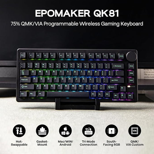 EPOMAKER QK81 75% Wireless Mechanical Gaming Keyboard, QMK/VIA Programmable and Hot-Swappable, 81 Keys with Metal Knob, 2.4Ghz/BT/USB, Creamy Gasket-Mount, RGB Backlight (Black, Flamingo Switch)