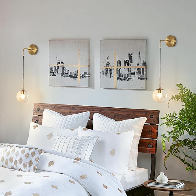 BOKT Mid Century Modern Globe Wall Sconce Lighting Brushed Brass Gold Amber Glass Round Wall Light Fixture Vintage Vanity Globe Bathroom Bar Wall Lamp (Gold+Amber)