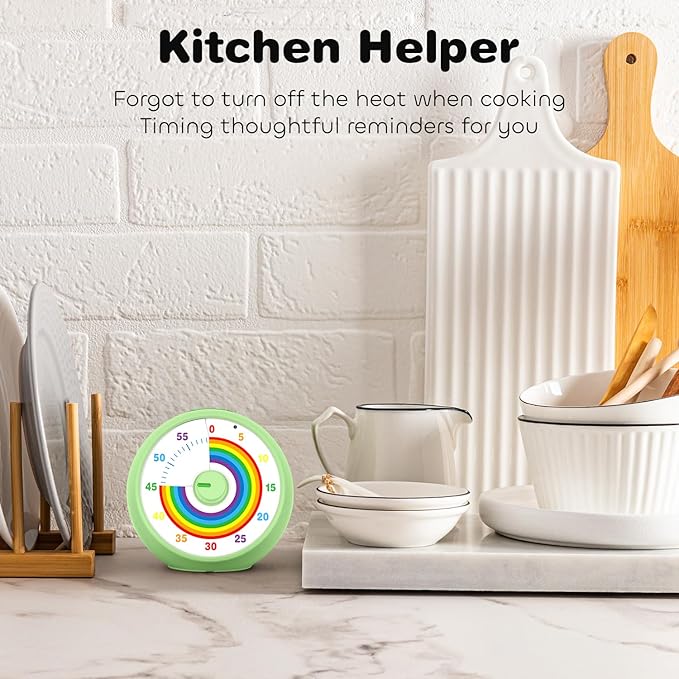 Visual Timer for Kids, 60-Minute Countdown Timer for Classroom Office Kitchen, Desk Timer Kids Time Management Tools with Silent Operation, Pomodoro Time Rainbow Pattern (Green)