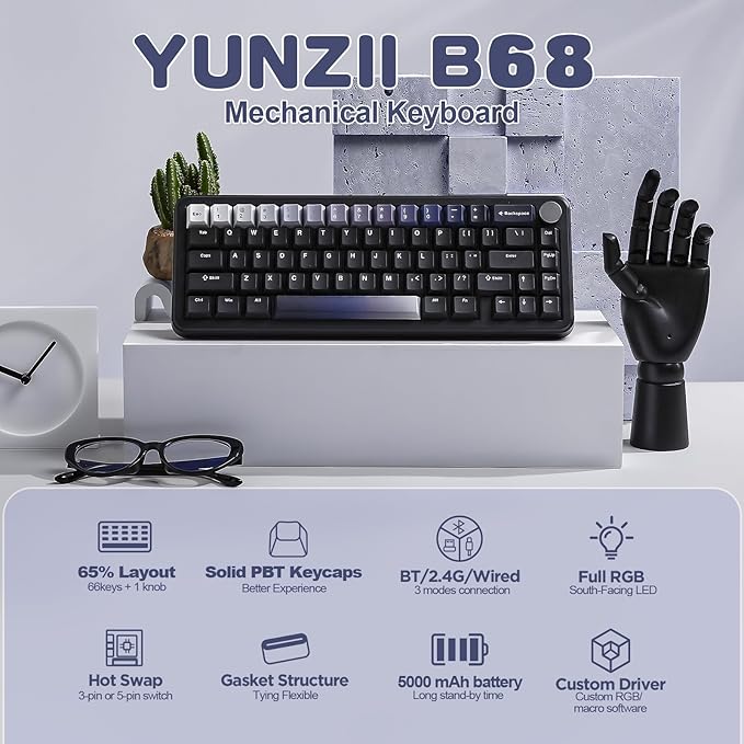 YUNZII B68 Wireless Mechanical Keyboard,Tri-Mode BT5.0/2.4GHz/USB-C,Cute PBT Keycaps,Hot Swappable Creamy Typing Gasket Mounted,RGB Backlit NKRO for Win/Mac (Black, Cocoa Cream V2 Switch)