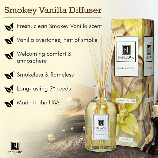 Nabila K Smokey Vanilla Reed Diffuser Set – Warm Fruity & Woodsy Aromatic Oil for Home – Long-Lasting, Smokeless Scent – Made in USA – Includes Reeds + Bottle – Flameless Candle Alternative