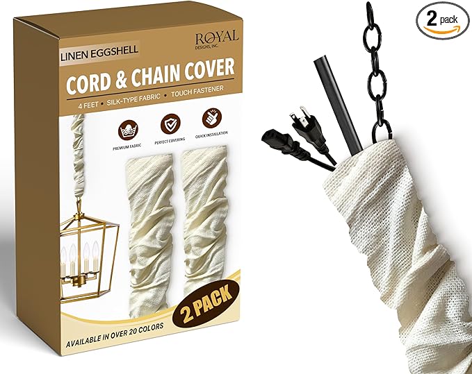 Royal Designs, Inc. Cord & Chain Cover 4 ft Silk Type Fabric, Chandelier Pendant Lighting Chain & Cable Management, Touch Fastener, Linen Eggshell - 2 Pack
