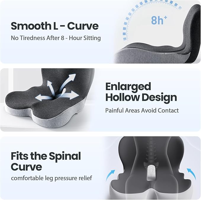 2025 New Back and Seat Cushion, Ergonomic Non-Slip Memory Foam Seat Cushion with Back Support, L-Shaped Breathable Backs Cushions for Car, Office, Home (Mixed Grey)